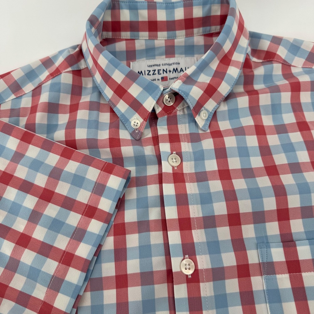 Mizzen+Main Mens Medium Trim Fit Leeward Short Sleeve Gingham Shirt Red Blue USA